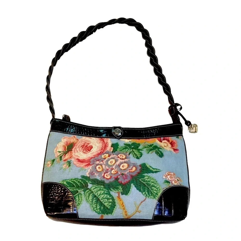 Brighton Vintage Floral Tapestry Handbag Purse Bag Brown Leather Braided Tote